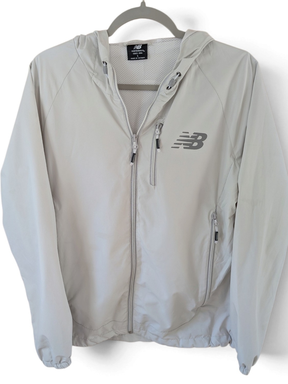 New Balance Windcheater Light Gray Hooded Running Jacket Windbreaker Size L